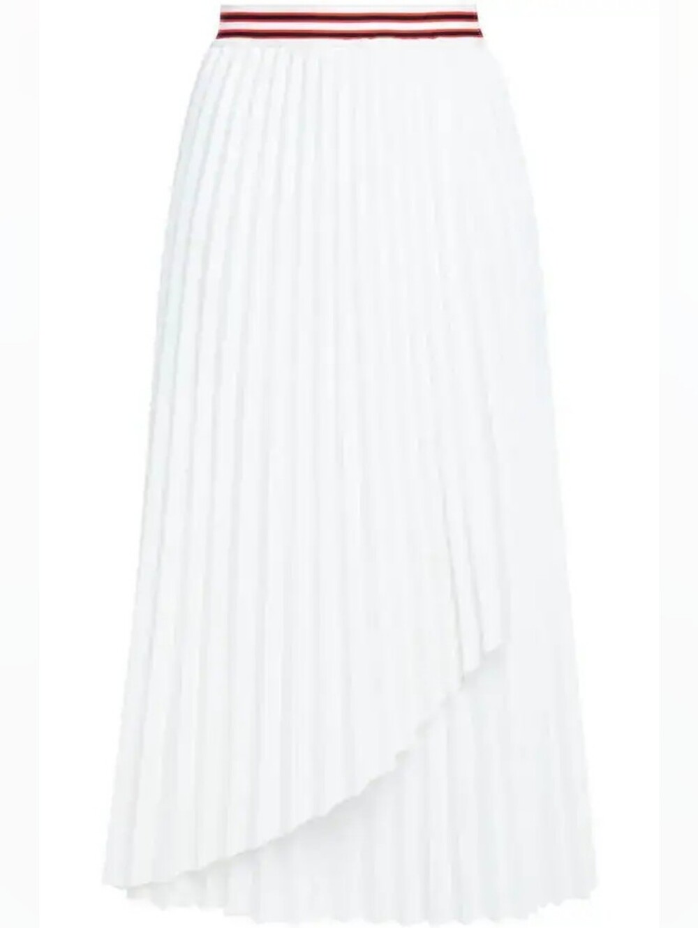 Maje White Pleated Asymmetrical Maxi Skirt with Striped Waistband